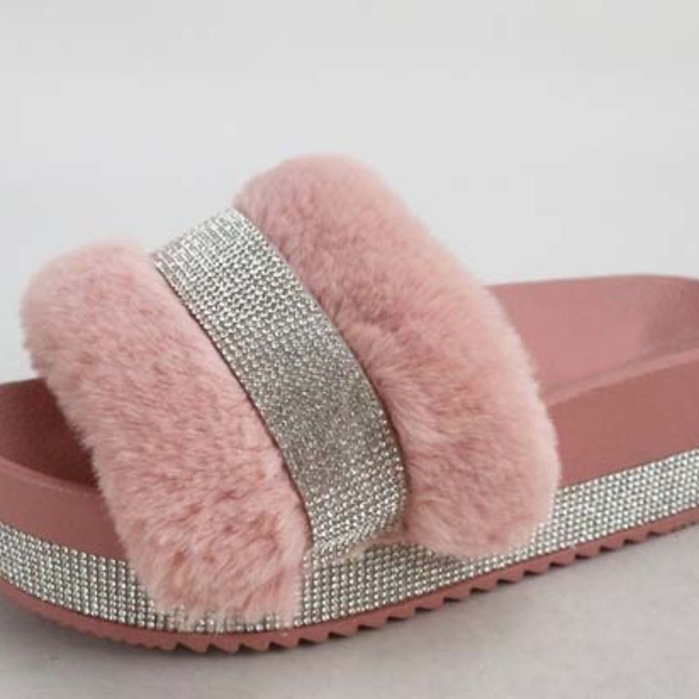 Pink Fur Rhinestone Slides - Picture 2 of 2